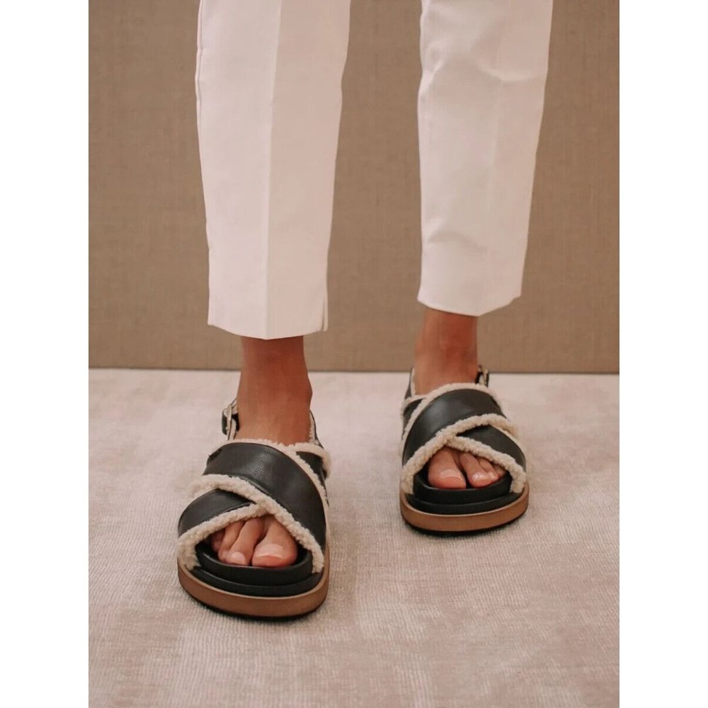ALOHAS Black Shearling-Trim Platform Sandals